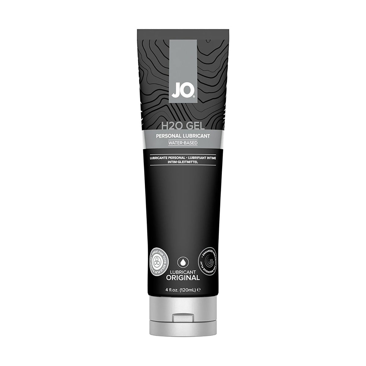Bottle of  Water Based Lube System JO showing clean, lightweight formula