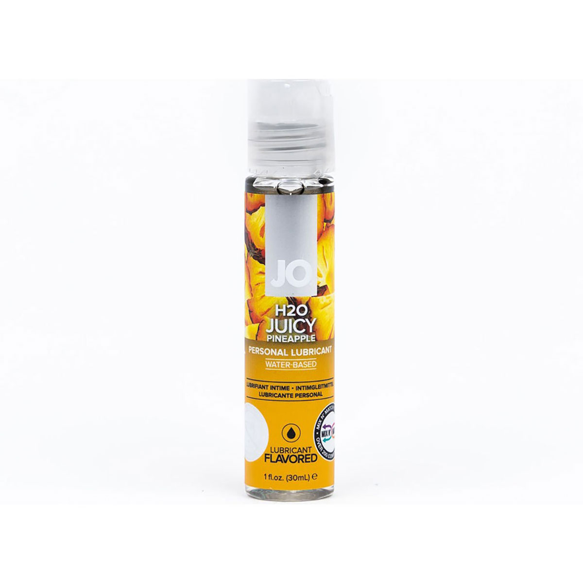 Bottle of  Water Based Lube System JO showing clean, lightweight formula