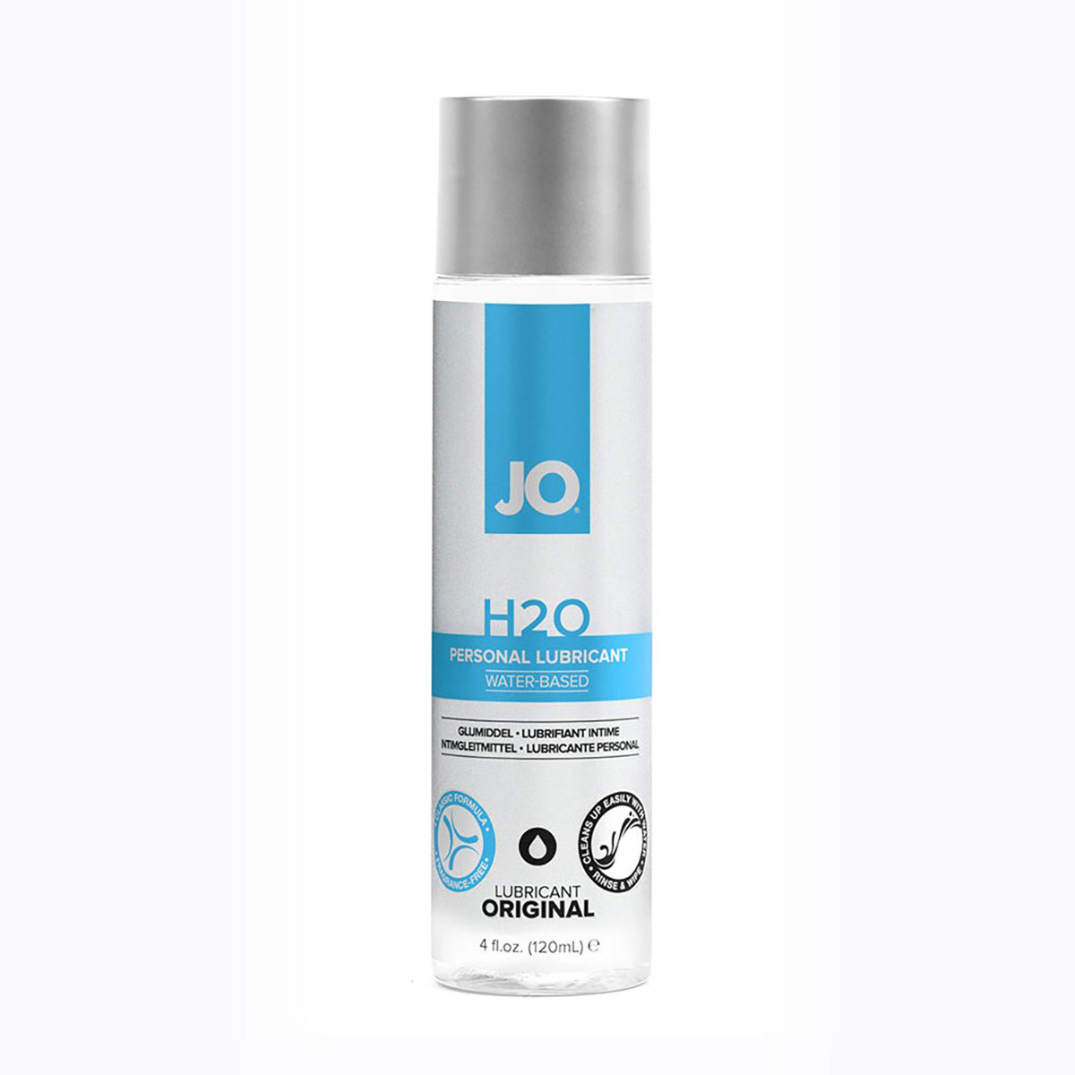 Bottle of  Water Based Lube System JO showing clean, lightweight formula