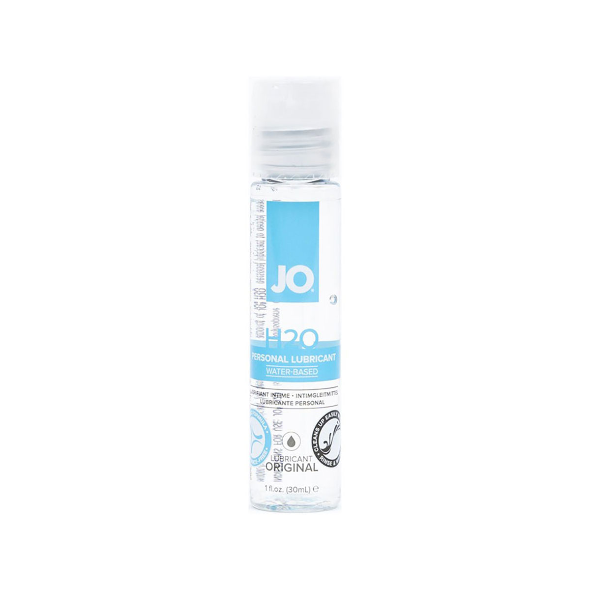 Bottle of  Water Based Lube System JO showing clean, lightweight formula