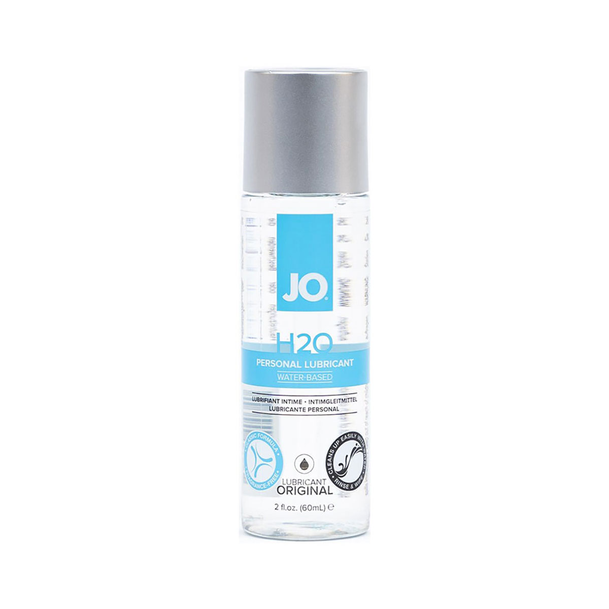 Bottle of  Water Based Lube System JO showing clean, lightweight formula