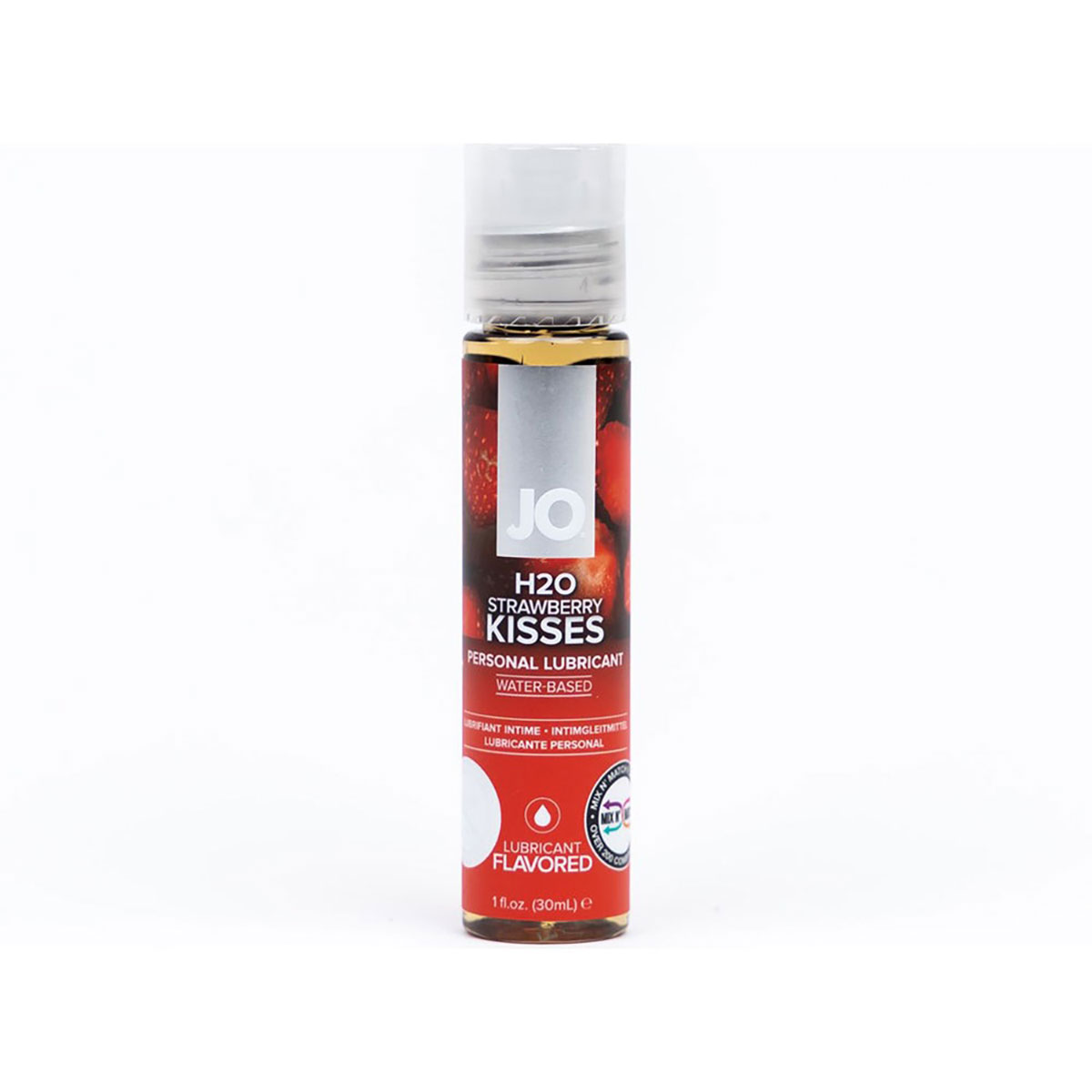 Bottle of  Water Based Lube System JO showing clean, lightweight formula