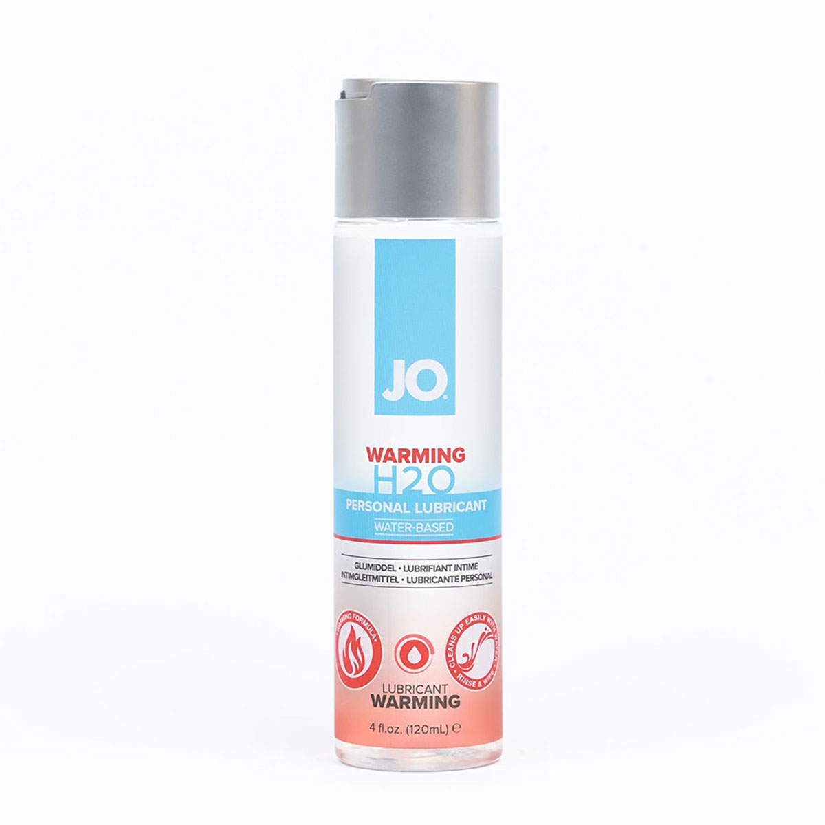 Bottle of  Water Based Lube System JO showing clean, lightweight formula