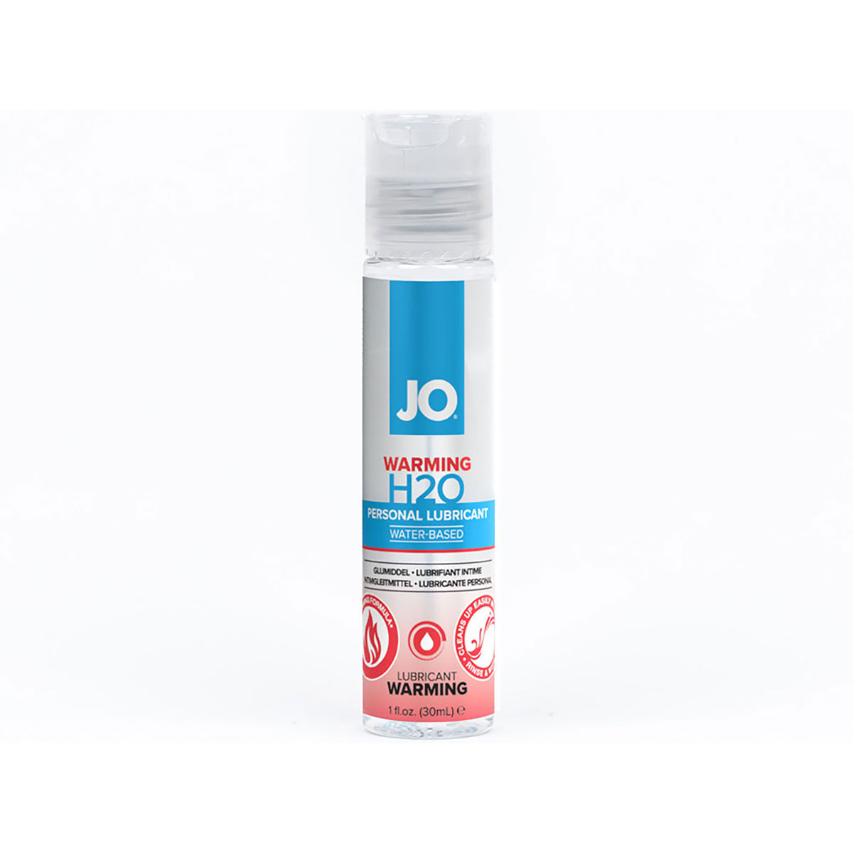 Bottle of  Water Based Lube System JO showing clean, lightweight formula