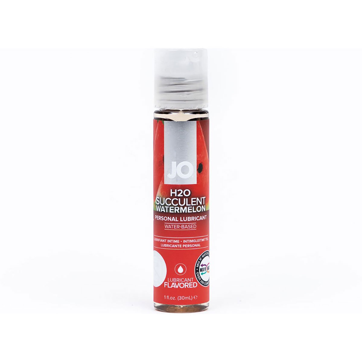 Bottle of  Water Based Lube System JO showing clean, lightweight formula