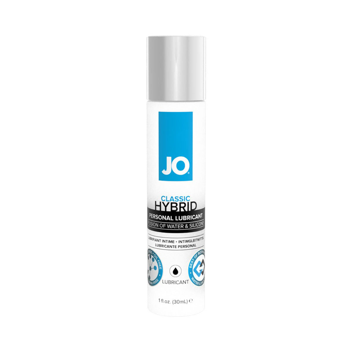 Bottle of  Water Based Lube System JO showing clean, lightweight formula
