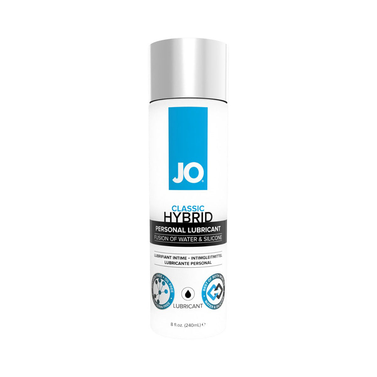 Bottle of  Water Based Lube System JO showing clean, lightweight formula