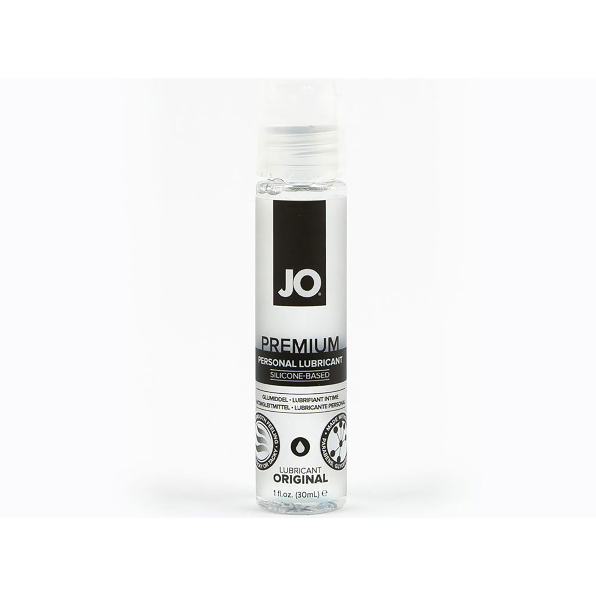 Bottle of  Water Based Lube System JO showing clean, lightweight formula