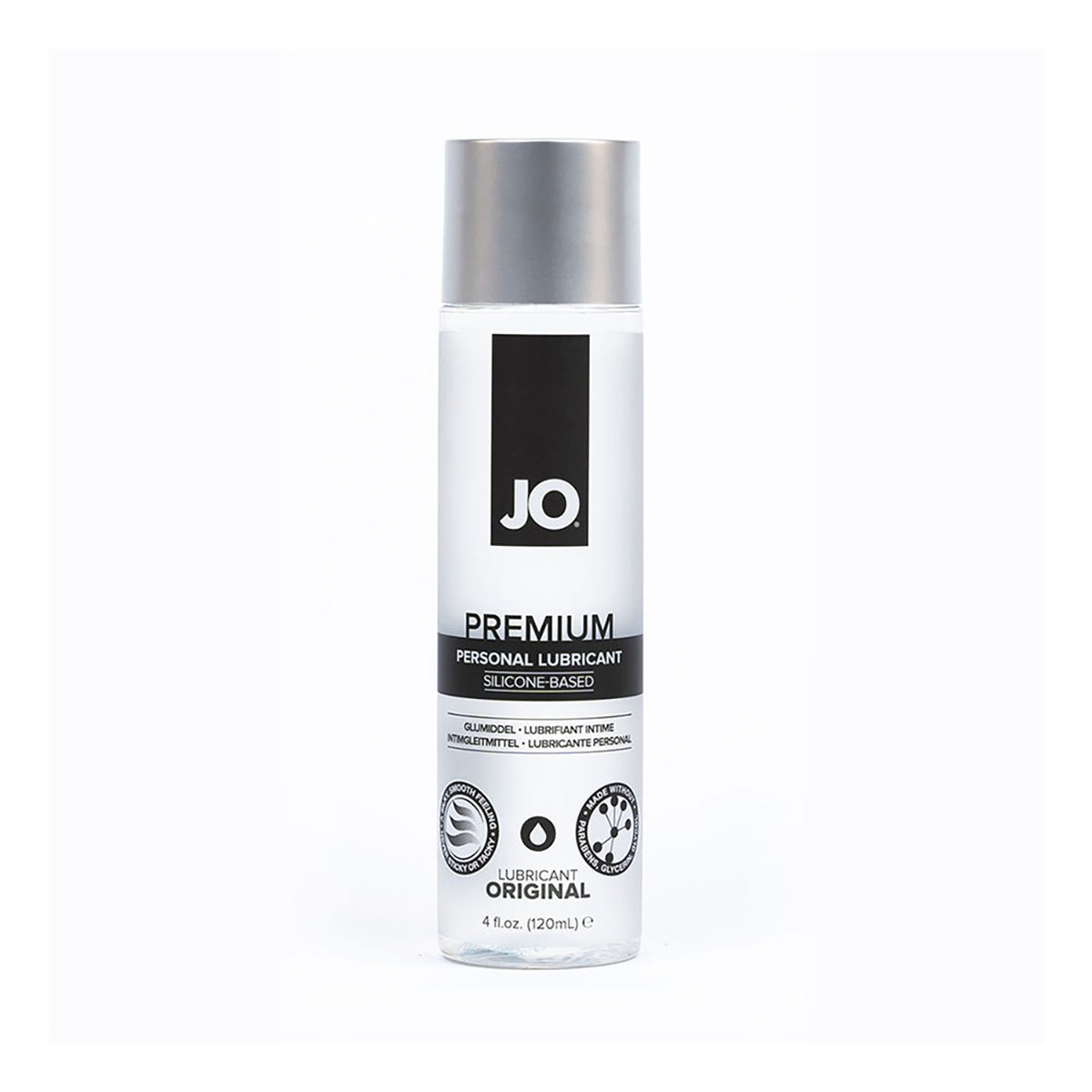 Bottle of  Water Based Lube System JO showing clean, lightweight formula