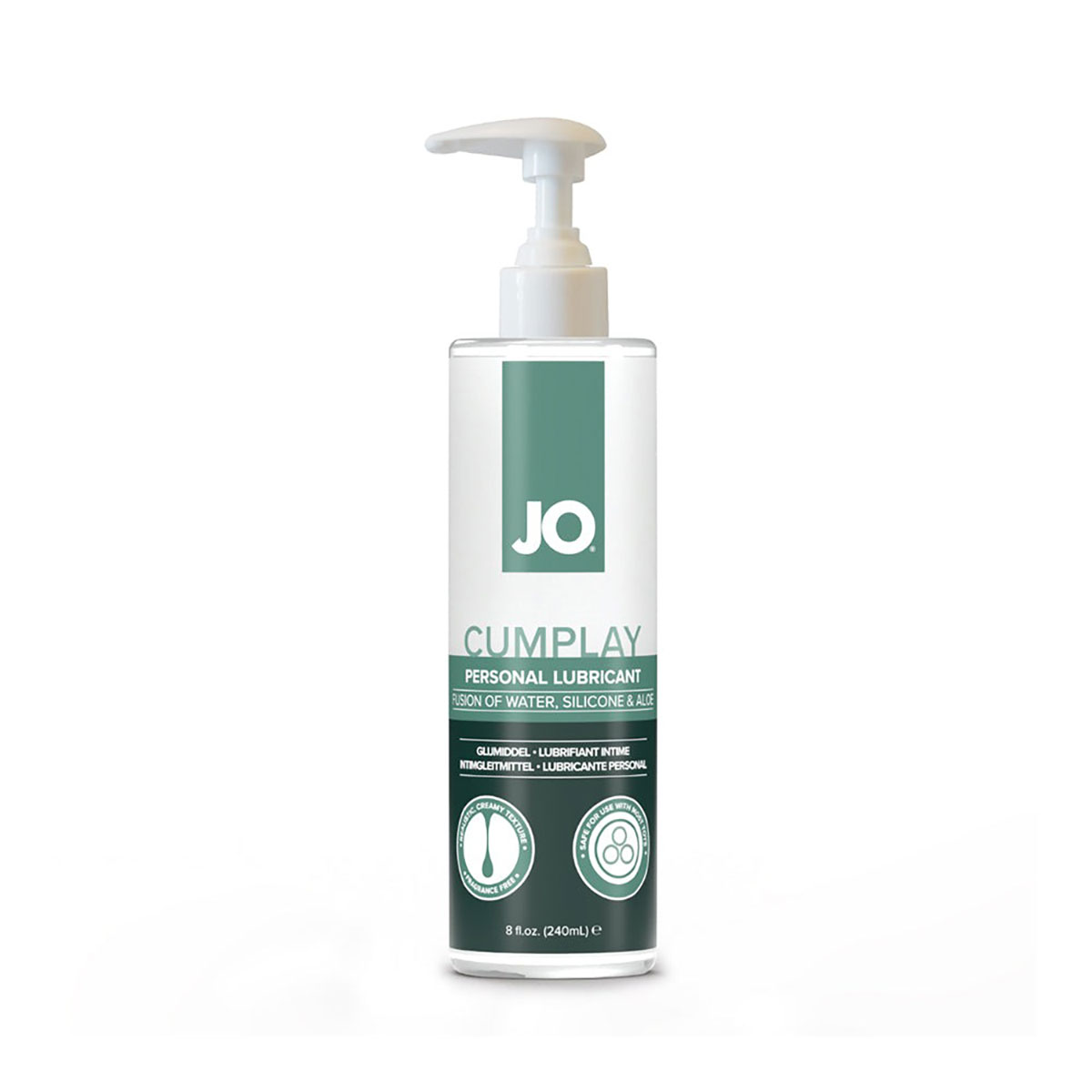 Bottle of  Water Based Lube System JO showing clean, lightweight formula