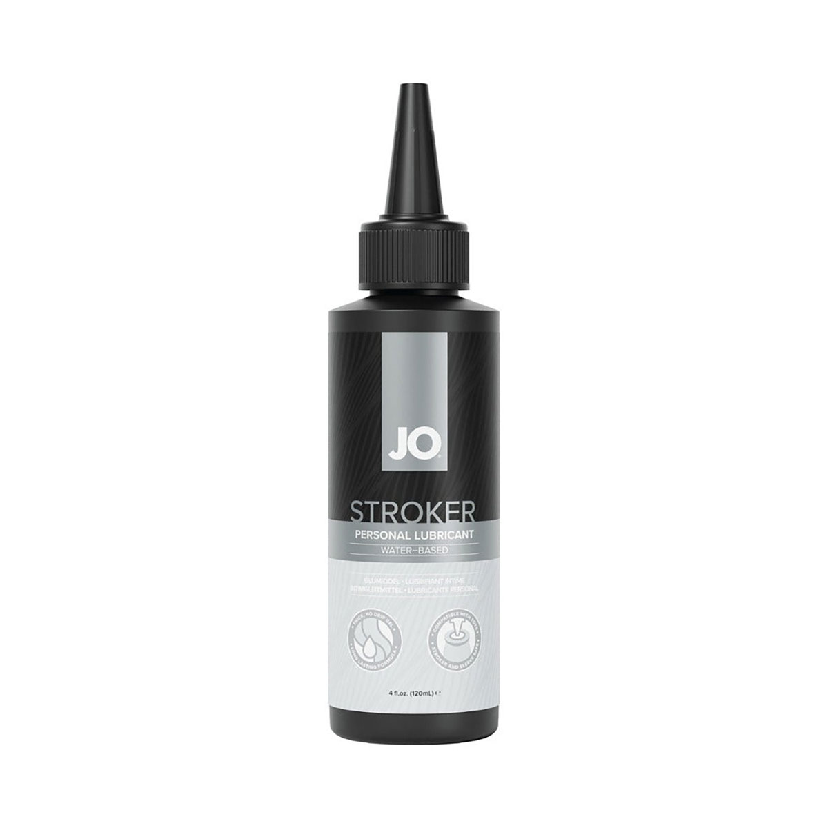 Bottle of  Water Based Lube System JO showing clean, lightweight formula