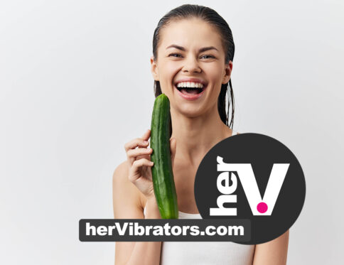 Laughing woman holding a cucumber for an online big dildo shopping guide