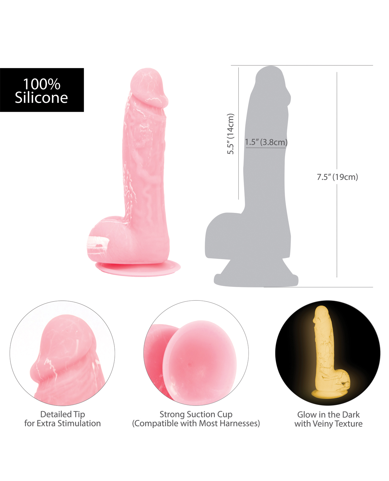 Shop Addiction Brandon 7.5" Glow in the Dark Dildo - Pink
