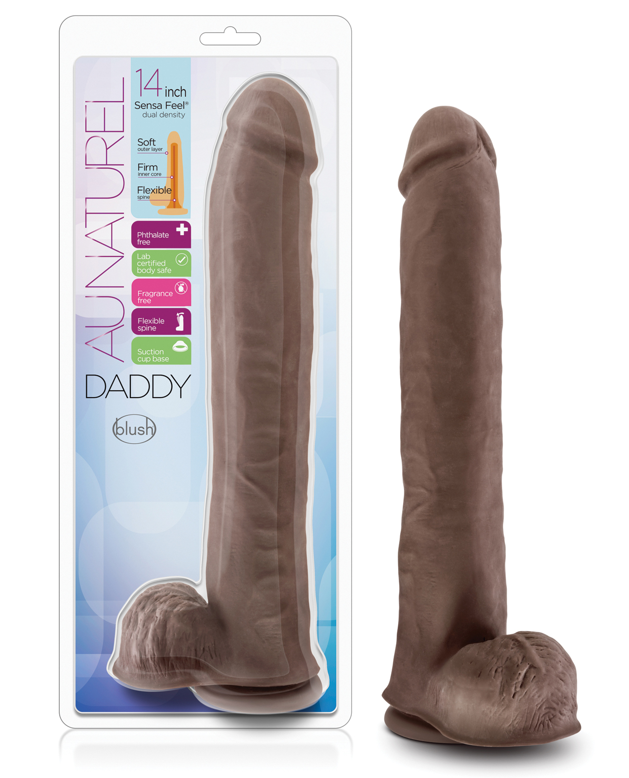 Shop Blush Au Naturel Daddy 14" Sensa Feel Dual Density Dong w/Suction Cup - Chocolate online