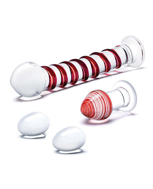 Glas 4 pc Mr. Swirly Set w/Glass Kegel Balls & 3.25" Butt Plug - Red for sale