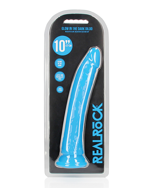 Shop Shots RealRock 10" Slim Dildo Glow in the Dark - Neon Blue online