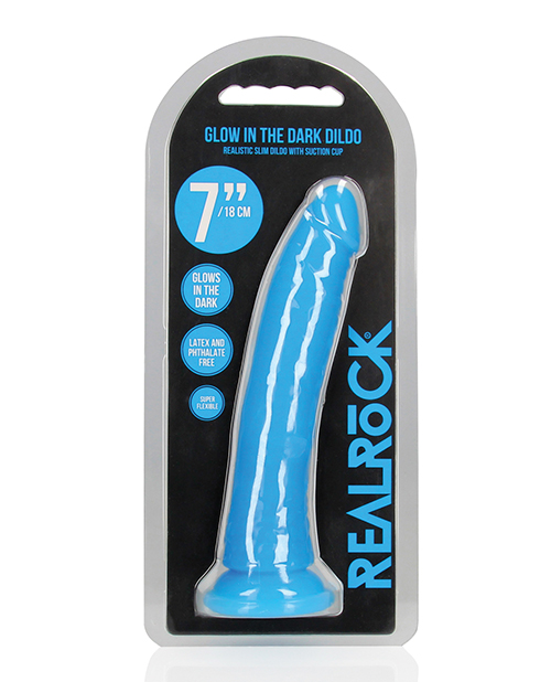 Shop Shots RealRock 7" Slim Dildo Glow in the Dark - Neon Blue online