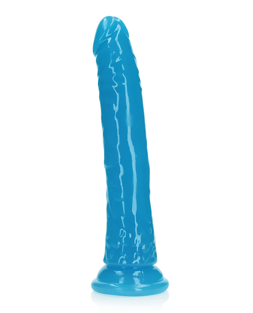 Shots RealRock 9" Slim Dildo Glow in the Dark - Neon Blue for sale