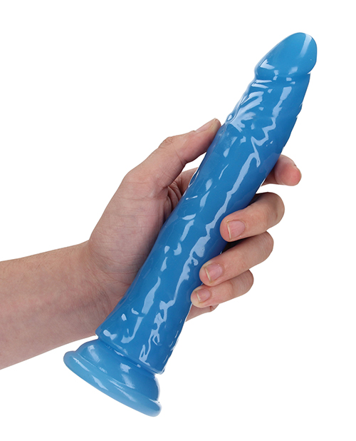 Shop Shots RealRock 9" Slim Dildo Glow in the Dark - Neon Blue