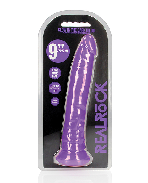 Shop Shots RealRock 9" Slim Dildo Glow in the Dark - Neon Purple online